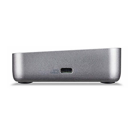 Graue, rechteckige Hardware mit einem USB-C-Anschluss und Logo, das an ein HDMI-Anschluss erinnert.
