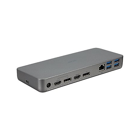 Graues Dockingstation mit AnschlÃ¼ssen wie HDMI, USB und Ethernet, auf weiÃŸem Hintergrund.
