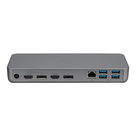 Graue Dockingstation mit vielen AnschlÃ¼ssen, wie HDMI, USB und Netzwerk.