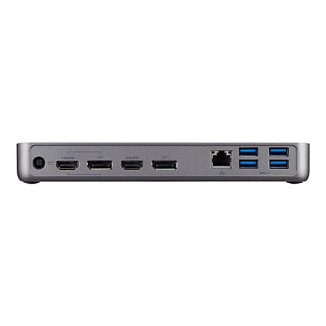 Grauer Docking-Port mit verschiedenen AnschlÃ¼ssen. Links: Stromanschluss, HDMI, DP. Rechts: Ethernet, USB, USB-C.
