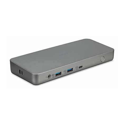 Graue Acer-Dockingstation mit AnschlÃ¼ssen wie USB und Audioanschluss. Auf weiÃŸem Hintergrund.