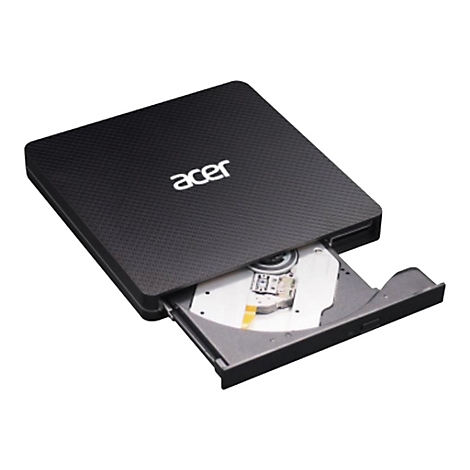 Schwarzes, externes Acer CD-DVD-Laufwerk mit geöffnetem Fach vor weißem Hintergrund.