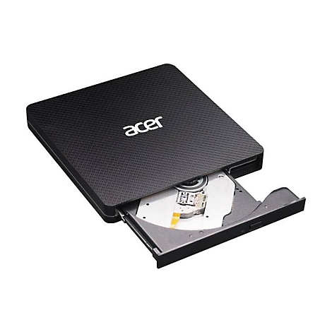 Schwarzes, externes Acer CD/DVD-Laufwerk mit ausgefahrenem Laufwerksschlitten vor weißem Hintergrund.