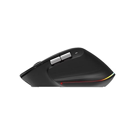Schwarze, ergonomisch geformte kabellose PC-Maus mit silbernen Seitentasten und einem farbigen Lichtstreifen am Heck.