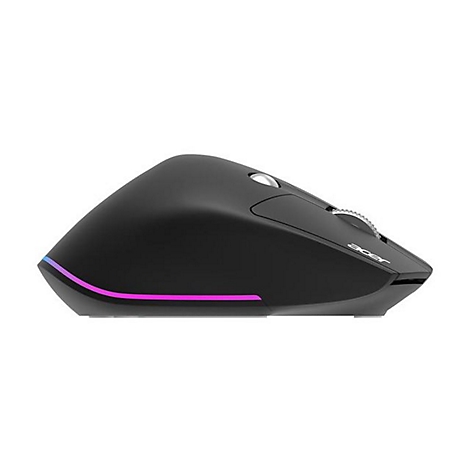 Schwarze kabellose Acer-Maus in Seitenansicht mit leuchtendem RGB-Lichtstreifen am unteren Rand.