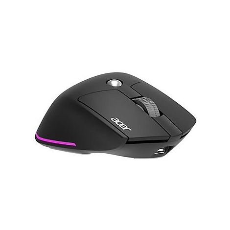 Schwarze kabellose Acer-Gaming-Maus mit LED-Beleuchtung und Mausrad vor weißem Hintergrund.