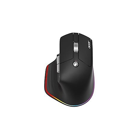 Schwarze kabellose Acer Gaming-Maus mit RGB-Beleuchtung und silbernem Scrollrad vor weißem Hintergrund.