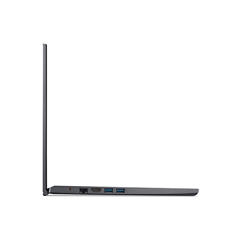 Ein Laptop von der Seite gesehen. Graues GehÃ¤use, schwarzer Bildschirm, blaue AnschlÃ¼sse.