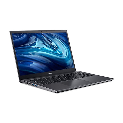 Dunkelgrauer Laptop, geÃ¶ffnet. Auf dem Bildschirm blaue Wirbel, Acer-Logo.