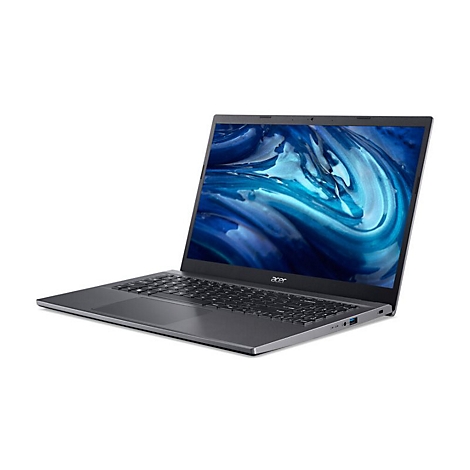 Ein silberner Laptop steht diagonal, der Bildschirm zeigt blaues Muster. Acer Logo.