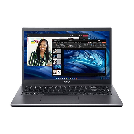 Ein grauer Laptop mit geÃ¶ffneten Fenstern. Eine Frau lÃ¤chelt auf dem Bildschirm, daneben eine PrÃ¤sentation.