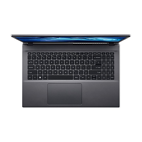 Draufsicht auf einen grauen Laptop mit geÃ¶ffnetem Bildschirm. Die Tastatur ist schwarz, das Display zeigt blaue Wellenmuster.