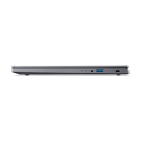 Grauer Laptop, Seitenansicht, gegen weiÃŸen Hintergrund. Sichtbar: USB-Anschluss, KopfhÃ¶reranschluss und Einschaltknopf.