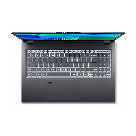 Draufsicht auf einen Laptop. Die Tastatur und der Bildschirm sind sichtbar. Der Bildschirm zeigt blaue und grÃ¼ne FarbtÃ¶ne.