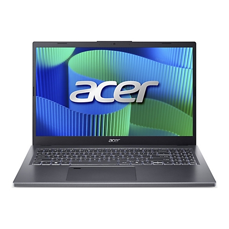 Dunkelgrauer Acer Laptop, geÃ¶ffnet, mit blau-grÃ¼nem Display. Das Acer-Logo ist prominent.
