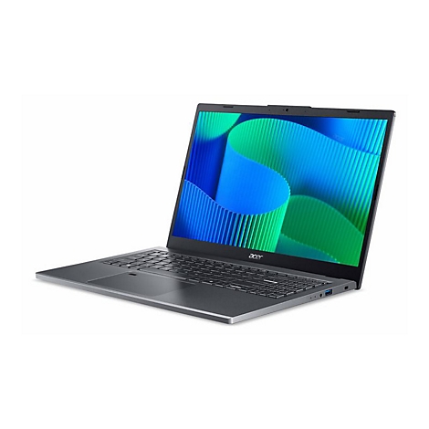 Grauer Laptop im Winkel, Bildschirm mit blau-grÃ¼nen Wellen. Schwarze Tastatur und silbernes Acer-Logo.