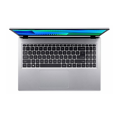 Draufsicht auf einen grauen Laptop mit geöffnetem Bildschirm. Tastenfeld und Touchpad sind gut erkennbar, der Bildschirm zeigt Blau- und Grüntöne.