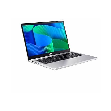 Silberner Laptop mit schwarzer Tastatur und Logo, Bildschirm zeigt Wellenmuster.