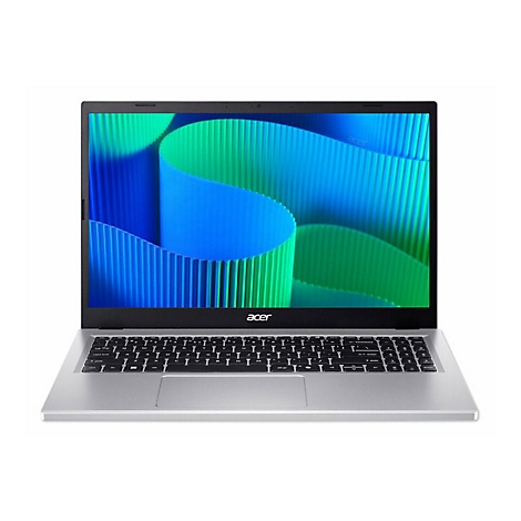 Silberner Laptop mit geöffnetem Bildschirm, auf dem blaue und grüne Wellenmuster zu sehen sind. Die Tastatur ist schwarz.