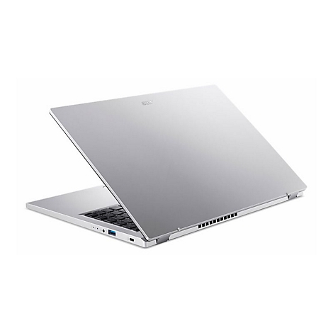 Silberner Laptop, leicht geöffnet. Die Tastatur ist sichtbar.