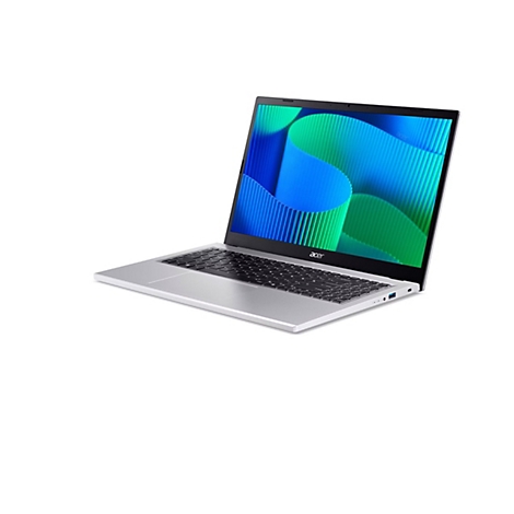 Ein silberner Laptop, halb geöffnet, auf weißem Hintergrund. Der Bildschirm zeigt blaue und grüne Wellen, das Acer-Logo ist sichtbar.