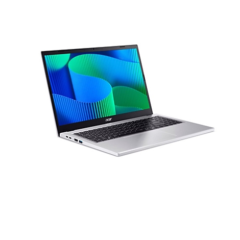 Silberner Laptop im 45-Grad-Winkel vor weißem Hintergrund. Der Bildschirm zeigt ein blau-grünes Muster.