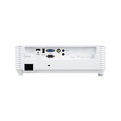 Rückseite eines weißen Projektors mit verschiedenen Anschlüssen wie HDMI, VGA, Audio und Stromanschluss.
