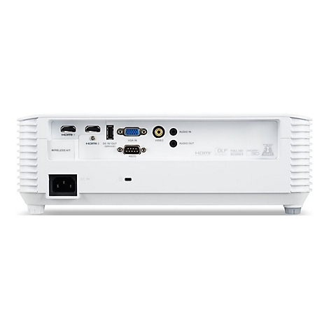 Rückansicht eines weißen Projektors mit zahlreichen Anschlüssen wie HDMI, VGA, Audio und USB.