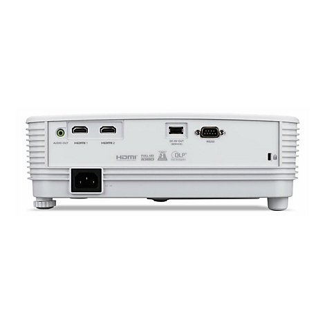 Rückseite eines weißen Projektors mit HDMI-, Audio-, USB- und RS232-Anschlüssen sowie Stromanschluss.