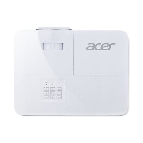 Draufsicht auf einen weißen Acer-Projektor mit Bedienfeld und Fokus-Rad vor neutralem Hintergrund.