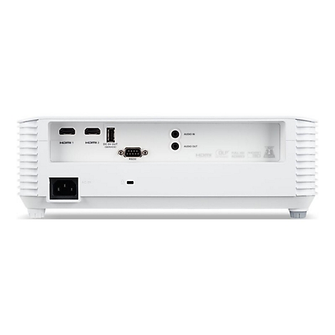 Die Rückseite eines weißen Projektors mit verschiedenen Anschlüssen wie HDMI, USB, Audio In/Out und RS232.