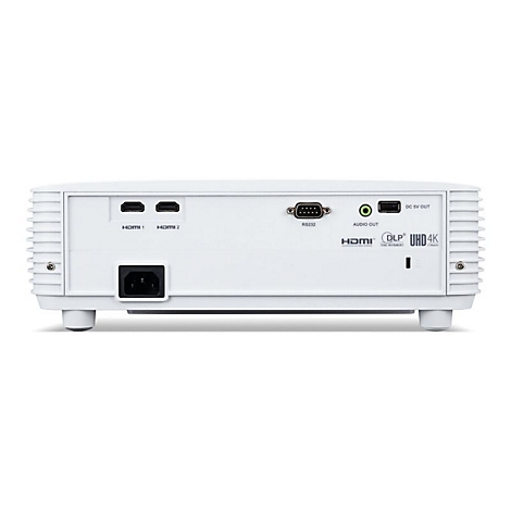 Rückseite eines weißen 4K-Projektors mit HDMI-, Audio- und Stromanschlüssen auf weißem Hintergrund.