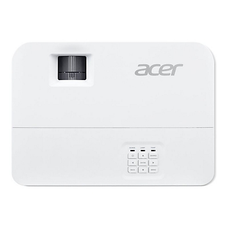 Draufsicht eines weißen Acer-Projektors mit Fokusring links oben und Tastenfeld rechts unten.