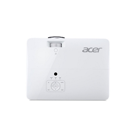Acer Beamer in weißer Farbe, Draufsicht mit Bedienfeld und Acer-Logo.
