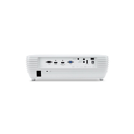 Rückseite eines weißen Projektors mit zahlreichen Anschlüssen wie HDMI, VGA und Audio auf weißem Grund.