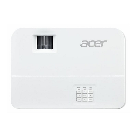 Draufsicht eines weißen Acer-Projektors mit Bedienelementen und Objektiv vor weißem Hintergrund.