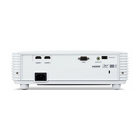 Die Rückseite eines weißen Projektors mit HDMI-, RS232-, Audio-Ausgangs- und USB-Anschlüssen sowie Stromanschluss.