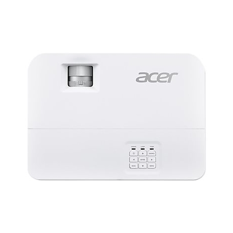 WeiÃŸer Acer Projektor, Oberseite. Grauer Acer Schriftzug, Bedienelemente und Objektiv.