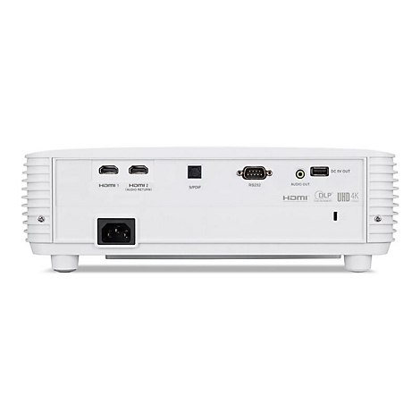 Rückseite eines weißen Projektors mit verschiedenen Anschlüssen wie HDMI, S/PDIF, RS232 und Audioausgang.