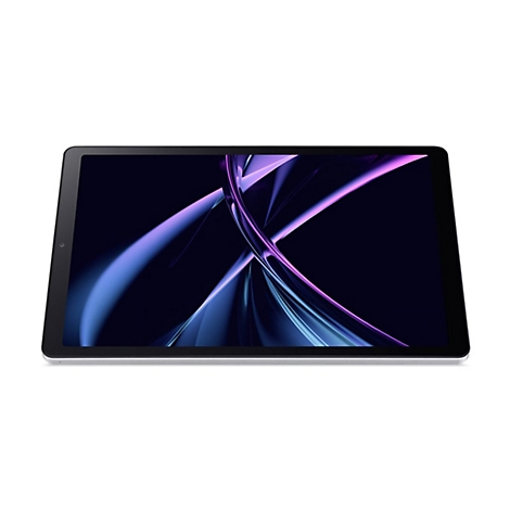 Ein Tablet-PC auf weißem Hintergrund mit lila und blauen dynamischen Linien auf dem Bildschirm.