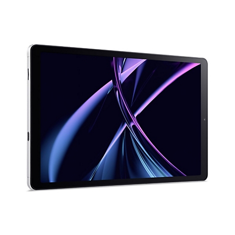 Ein Tablet, schräg von vorne fotografiert, zeigt ein abstraktes Design aus lila und blauen Linien auf schwarzem Hintergrund.