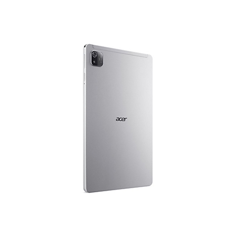 Ein silbernes Acer Tablet vor weißem Hintergrund. Rückseite mit Kamera, Acer-Logo.