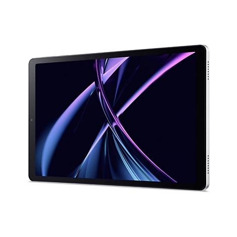 Ein Tablet-PC mit einem dunklen, abstrakten Hintergrund in Blau und Pink, das Gerät ist leicht angewinkelt.