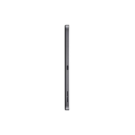Ein graues Tablet im Seitenprofil vor weißem Hintergrund. Es zeigt einen schmalen Rahmen, eine Kamera und Anschlüsse.