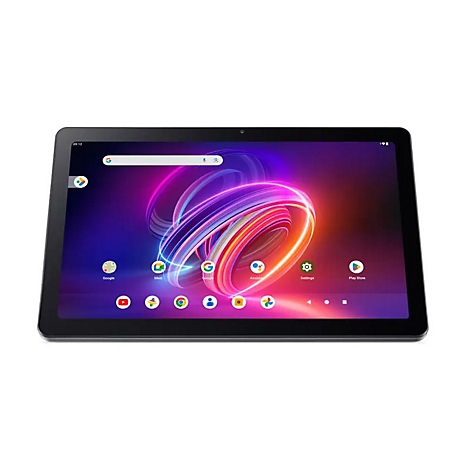 Ein schwarzes Tablet auf weißem Hintergrund. Auf dem Bildschirm sind App-Symbole und Suchleiste zu sehen.