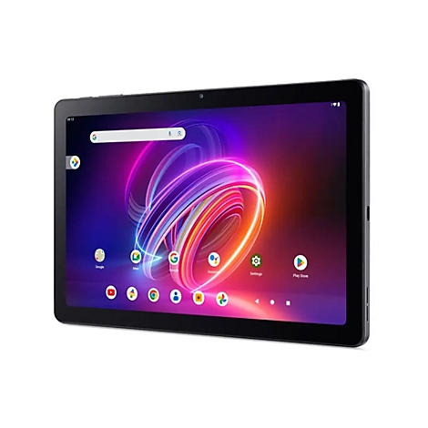 Schwarzes Tablet, eingeschaltet, zeigt Startbildschirm mit Apps und Google-Suchleiste.