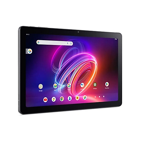 Schwarzes Tablet in Schrägansicht, Display zeigt Google Oberfläche mit App Icons. Auf dem Bildschirm ist ein farbenfrohes, abstraktes Design zu sehen.