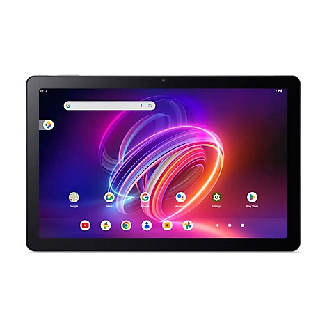 Schwarzes Tablet mit bunten Hintergründen. Auf dem Bildschirm sind Apps und Google-Symbole zu sehen.