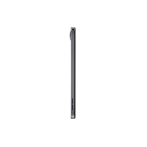 Dunkelgraues Tablet im Profil, auf weißem Hintergrund. Die Kanten sind abgerundet, oben befindet sich eine Kamera.