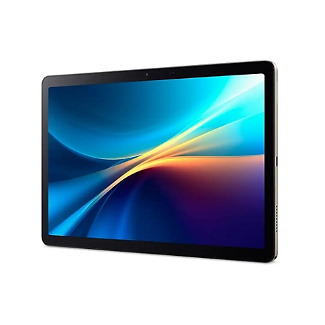 Ein Tablet-PC, aus leichtem Metall, mit schwarzem Bildschirmrand, das Display zeigt ein abstraktes Muster aus blau, gelb und violett.